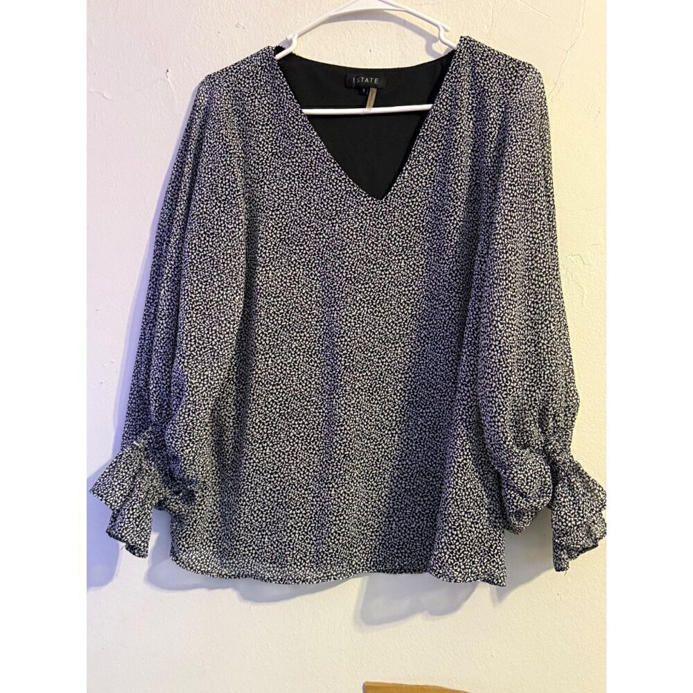 1.State V-Neck Long Ballon Sleeve Cuff Smock Sheer Blouse Career Wear Small